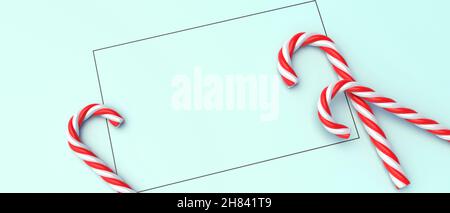 Caramelle natalizie su sfondo blu pastello, spazio. Modello di scheda buon Natale. Caramelle tradizionali per bambini a strisce rosse bianche di menta piperita. illustri 3d Foto Stock