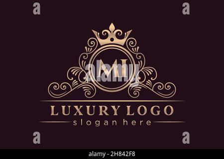 MI Initial Letter Oro calligrafico femminile floreale a mano araldico monogramma antico vintage stile lusso logo design Premium Illustrazione Vettoriale