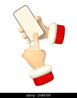 Il personaggio cartoon è dotato di smartphone, scorrimento o ricerca di qualcosa. rendering 3d santa hand. Illustrazione vettoriale. Illustrazione Vettoriale