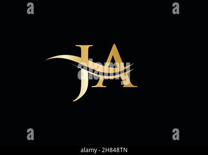Modello vettoriale iniziale del logo collegato alla lettera JA. Swoosh lettera JA logo design. J Un design con logo moderno e alla moda Illustrazione Vettoriale