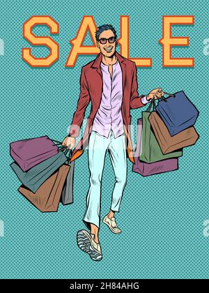 Vendite e sconti sulle vacanze un uomo con shopping bag. Vendite in negozi. Lo shopaholic ha comprato i beni molto Illustrazione Vettoriale