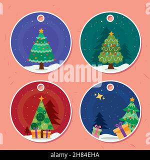 quattro alberi allegri di natale in tag Illustrazione Vettoriale