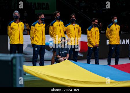 Madrid Arena, Casa de campo, Madrid, Spagna. 27 novembre 2021. Tennis: Coppa Davis di Rakuten Finals 2021 Madrid. ECUADOR / RUSSO TENNIS FEDERAZIONE - singles - ECUADOR team. Madrid Arena, Casa de campo, Madrid, Spagna. Credit: EnriquePSans/Alamy Live News Foto Stock