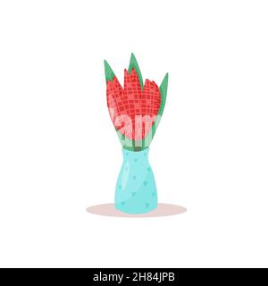 Vaso carino con fiore fantasy in fiore. Illustrazione vettoriale piatta disegnata a mano. Fiore rosso su sfondo bianco Illustrazione Vettoriale