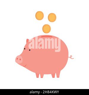 Piggy banca con monete. Illustrazione vettoriale isolata. Illustrazione Vettoriale