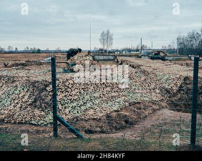 Kazan, Russia. 08 novembre 2021. Howitzer dietro filo spinato, coperto con mimetizzazione mimetismo Esercito Esercizi dei paesi dell'Organizzazione del Trattato di sicurezza collettivo Foto Stock