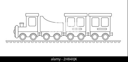 Locomotiva a vapore per bambini. Una silhouette vuota di un treno con auto per colorare libri, scrapbooking e design creativo. Stile piatto. Illustrazione Vettoriale