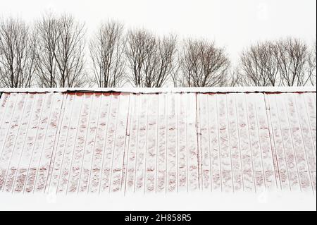 Tetto a spiovente coperto di neve e alberi senza frondoli in inverno Foto Stock