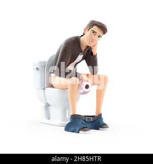 3d annoiato uomo cartoon seduto sul gabinetto, illustrazione isolata su sfondo bianco Foto Stock