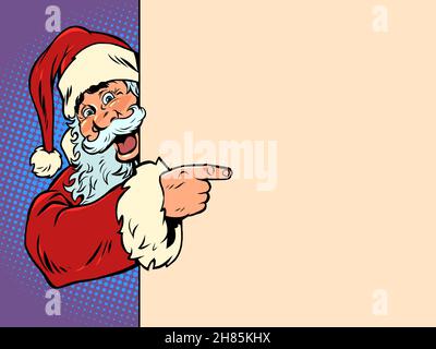 Babbo Natale mostra un banner vuoto un posto per la pubblicità e un poster. Natale e Capodanno. Vacanze stagionali invernali Illustrazione Vettoriale