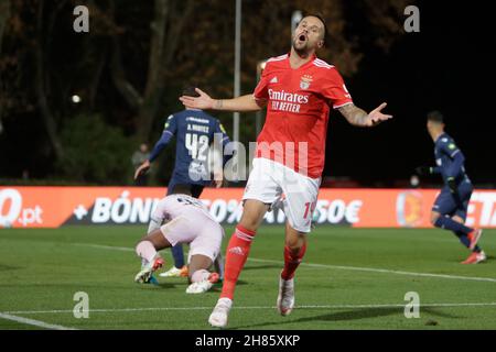 Lisbona, Portogallo. 27 novembre 2021. Haris Seferović in avanti di SL Benfica reagisce durante la partita di calcio portoghese Primeira Liga tra Belenenses SAD e SL Benfica allo stadio Jamor di Lisbona, Portogallo. Valter Gouveia/SPP Credit: SPP Sport Press Photo. /Alamy Live News Foto Stock