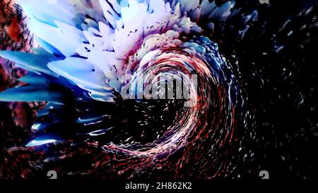 Uragano liquido astratto che ruota lentamente, vista dall'alto. Movimento. La spirale ondulata dei colori blu e rosso con effetto 3D e loop senza cuciture Foto Stock