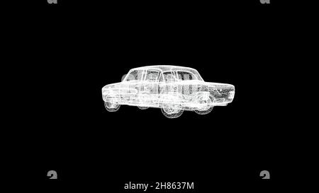 Modello 3D di auto su sfondo nero. Animazione. Le particelle bianche vengono raccolte in un modello di auto a raggi X 3D che ruota su sfondo nero isolato. Foto Stock