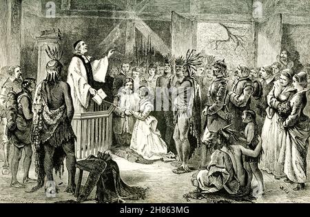 Questa illustrazione 1890i mostra il matrimonio di Pocahontas con John Rolfe, piantatrice di tabacco inglese a Jamestown, Virginia, nel 1614. Il capitano inglese John Smith guidò i coloni in tempi difficili nell'insediamento di Jamestown del 1607. Secondo la storia orale di Mattaponi, la piccola Matoaka aveva forse circa 10 anni quando John Smith e i coloni inglesi arrivarono a Tsenacomoca nella primavera del 1607. John Smith aveva circa 27 anni. Non sono mai stati sposati né coinvolti. Foto Stock