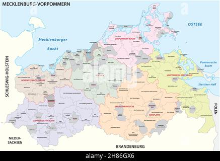 Mappa vettoriale amministrativa dello stato di Meclemburgo-Pomerania occidentale, Germania Illustrazione Vettoriale