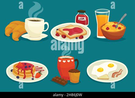 Set di icone per la colazione in stile cartone animato isolato illustrazione vettoriale Illustrazione Vettoriale