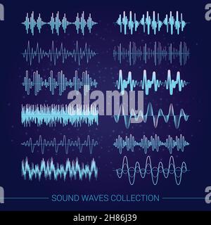 Raccolta di onde sonore con simboli audio su fondo piatto blu illustrazione vettoriale isolata Illustrazione Vettoriale