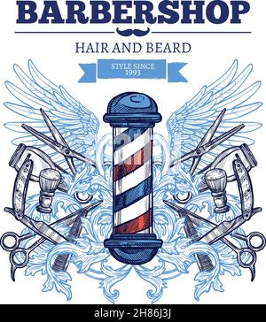 Barbiere negozio di capelli barba rifilatura tradizionale e alla moda per uomo poster pubblicità piatto astratto illustrazione vettoriale Illustrazione Vettoriale