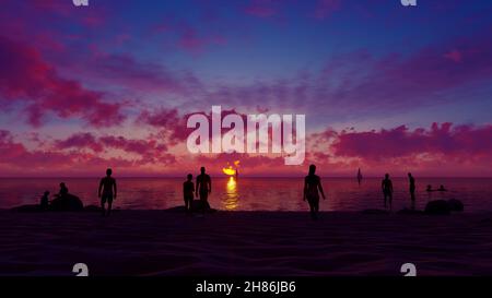 Gruppo di persone in spiaggia sul bellissimo tramonto estivo - illustrazione 3D Foto Stock
