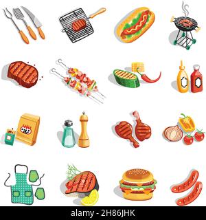 Collezione di icone piatte per barbecue estivo con bastoncini di pollo alla griglia salsicce e salse illustrazione vettoriale isolata astratta Illustrazione Vettoriale