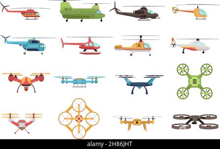 Icone colorate Set di elicotteri militari e civili e varie modifiche del drone su sfondo bianco immagine vettoriale isolata Illustrazione Vettoriale