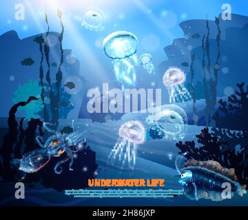 Poster mondo sottomarino SEA LIFE con coralli trasparenti e colorati meduse reef sole raggi misty blu sfondo illustrazione vettoriale Illustrazione Vettoriale