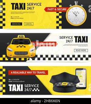 Taxi banner orizzontali set con simboli di trasporto vettore isolato realistico illustrazione Illustrazione Vettoriale