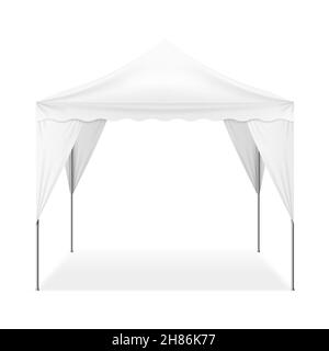 Tenda da esterno pieghevole e realistica di forma quadrata con pali in metallo isolato su sfondo bianco immagine vettoriale 3d Illustrazione Vettoriale