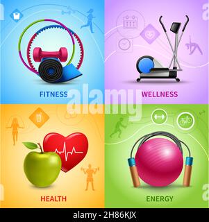 Set di concetto di fitness design con icone di salute ed energia illustrazione vettoriale isolata Illustrazione Vettoriale