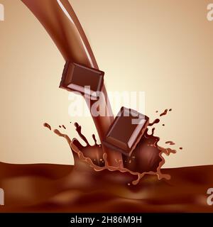 Latte di cioccolato dolce con pezzi di cioccolato e schizzi realistici illustrazione vettoriale Illustrazione Vettoriale