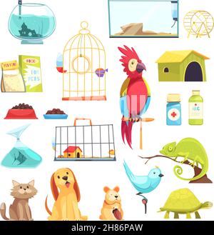 PET shop Set con animali domestici, mangimi secchi, medicine, gabbie e acquari isolato illustrazione vettoriale Illustrazione Vettoriale