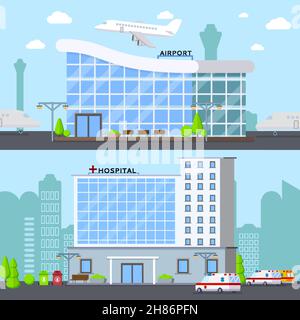 Edifici comunali con due composizioni piatte e un aeroporto moderno illustrazione vettoriale dei punti di riferimento urbani del terminale e dell'ospedale Illustrazione Vettoriale