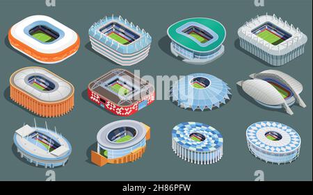 Russia Giugno 2018. Calciatore icone isometriche insieme con stadi in Russia simboli vettoriali isolato illustrazione Illustrazione Vettoriale
