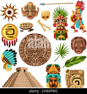 Colorate icone decorative messicane et con simboli di tradizione cultura maya storia e religione isolato cartoon vettore illustrazione Illustrazione Vettoriale