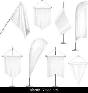 Varie misure forme pennant bandiere bandiere bianco bianco vuoto appeso e. su supporti asta immagine vettoriale set realistica Illustrazione Vettoriale