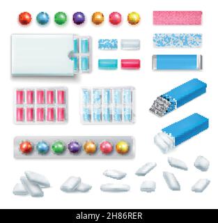 Set di gomme da masticare realistiche di varie forme e colori nella confezione e senza illustrazione vettoriale isolata Illustrazione Vettoriale