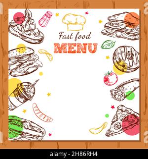 Sfondo quadrato per un menu di fast food con legno decorativo immagini vettoriali di cornici e schizzi dei prodotti Illustrazione Vettoriale