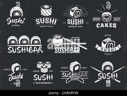 Emblemi bianchi della cucina tradizionale giapponese con sushi e chopsticks immagine vettoriale isolata su sfondo scuro Illustrazione Vettoriale