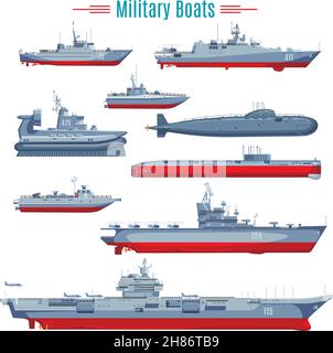 Raccolta di imbarcazioni militari con diversi tipi di navi da combattimento navali fregate e illustrazione vettoriale isolata sottomarina Illustrazione Vettoriale
