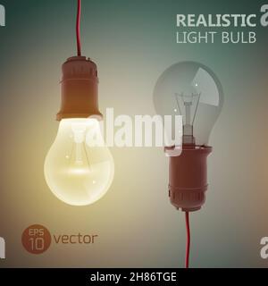 Sfondo quadrato creativo con due lampadine accese e. off appeso sui fili su immagine vettoriale di sfondo gradiente Illustrazione Vettoriale