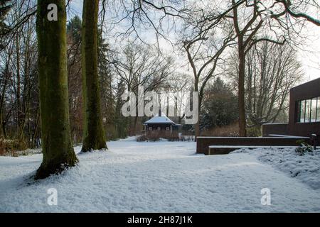 Krefeld - Vista a Casa esteri con neve sul Giardino-Padiglione, Renania Settentrionale Vestfalia, Germania, 24.01.2015 Foto Stock