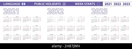 Semplice modello di calendario in ebraico per 2021, 2022, 2023 anni. La settimana inizia dal lunedì. Illustrazione vettoriale. Illustrazione Vettoriale