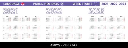 Semplice modello di calendario in inglese per 2021, 2022, 2023 anni. La settimana inizia dal lunedì. Illustrazione vettoriale. Illustrazione Vettoriale