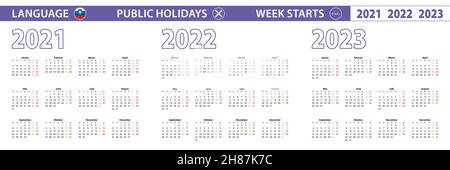 Semplice modello di calendario in sloveno per 2021, 2022, 2023 anni. La settimana inizia dal lunedì. Illustrazione vettoriale. Illustrazione Vettoriale