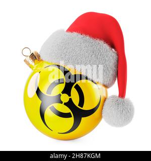 Palla di Natale con bandiera a rischio biologico e cappello Babbo Natale. Rendering 3D isolato su sfondo bianco Foto Stock