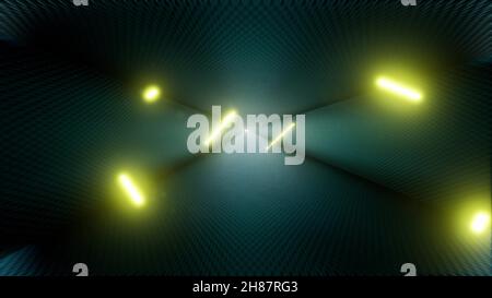 Tunnel al neon moderno corridoio lungo giallo brillante luci futuristiche laser 3d rendering Foto Stock