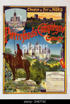 Poster di viaggio d'epoca francese pubblicità viaggio in treno a Pierrefonds, Compiegne, Coury di Gustave Fraipont, 1900 Foto Stock