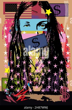 Poster pop art con una bella ragazza con denaro bolletta sulla bocca e bandiera americana. Foto Stock