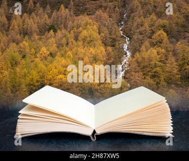 Bellissimo paesaggio autunnale caduta di larice foresta con fiume e cascata che esce dalle pagine in un libro immagine composita Foto Stock