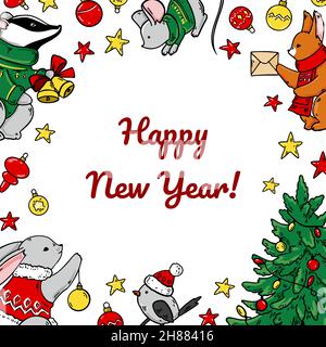 Colorato biglietto di auguri di buon Natale e felice anno nuovo con animali carini e albero di Natale. Illustrazione vettoriale disegnata a mano Illustrazione Vettoriale